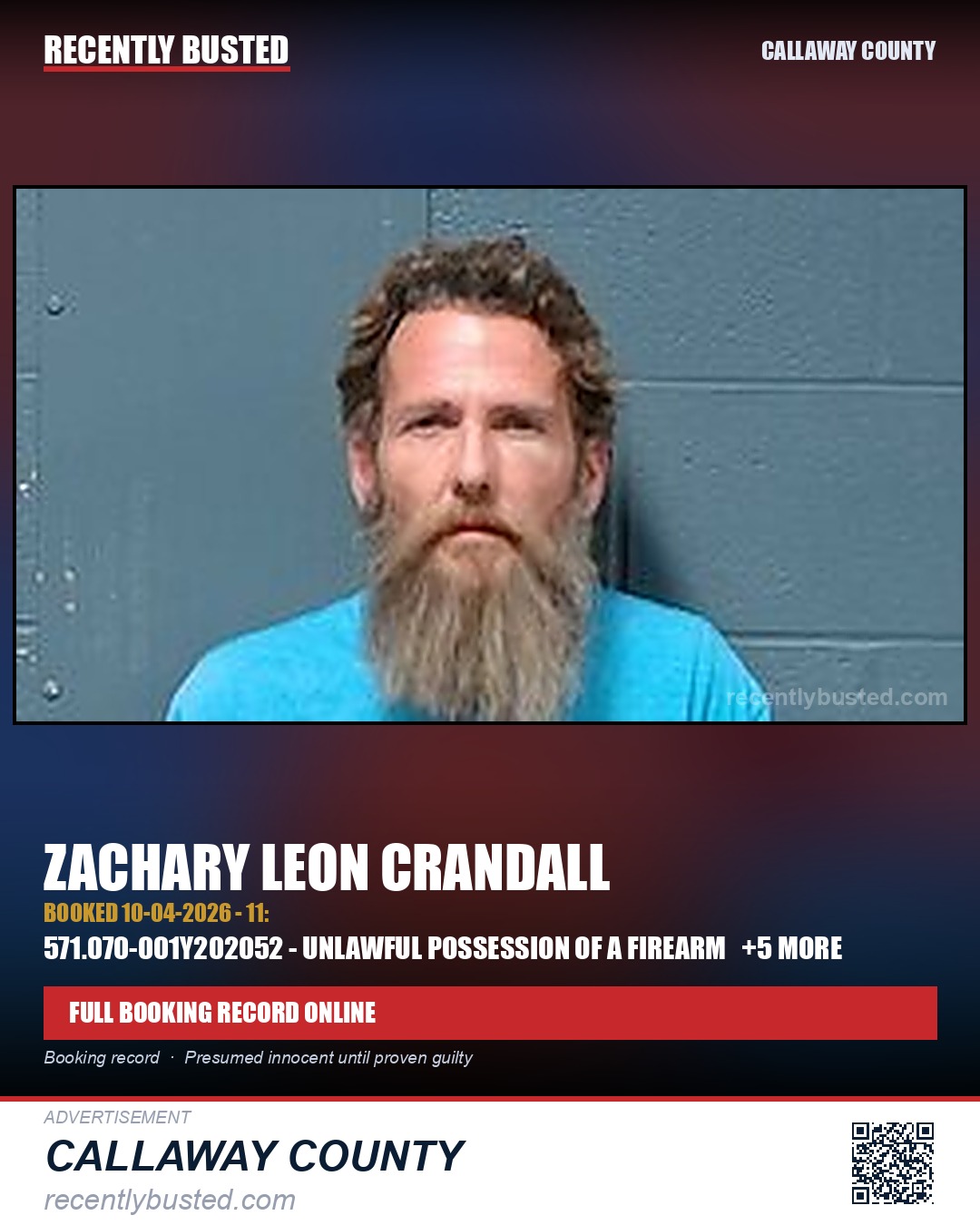 Crandall, Zachary Leon — arrest record card, Callaway County