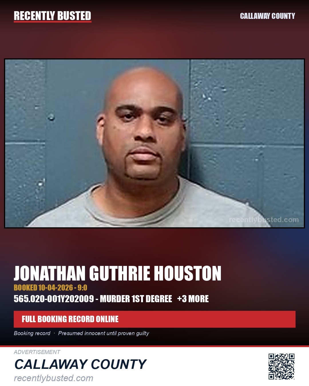 Houston, Jonathan Guthrie — arrest record card, Callaway County