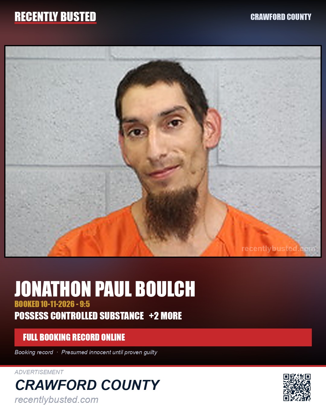 Boulch, Jonathon Paul — arrest record card, Crawford County
