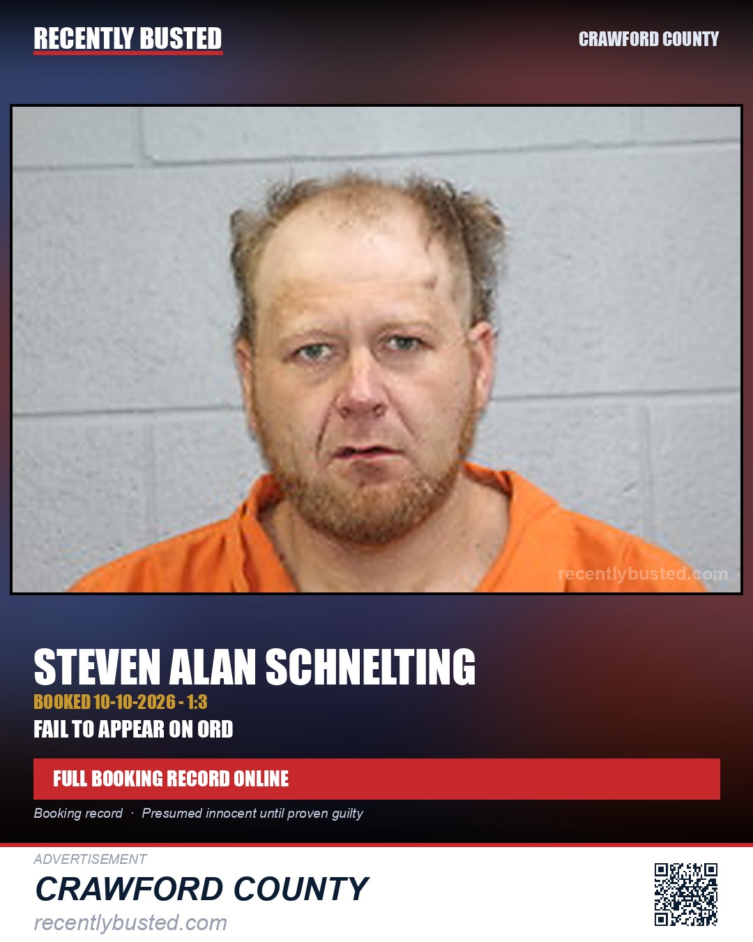 Schnelting, Steven Alan — arrest record card, Crawford County