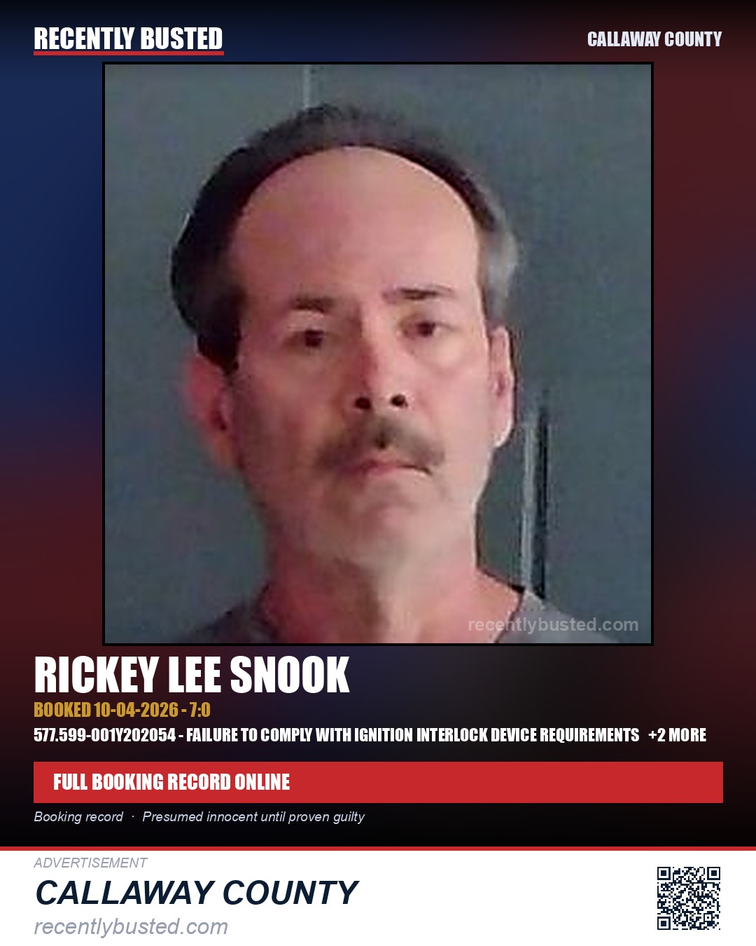 Snook, Rickey Lee — arrest record card, Callaway County