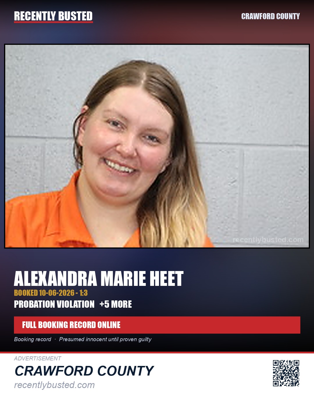 Heet, Alexandra Marie — arrest record card, Crawford County