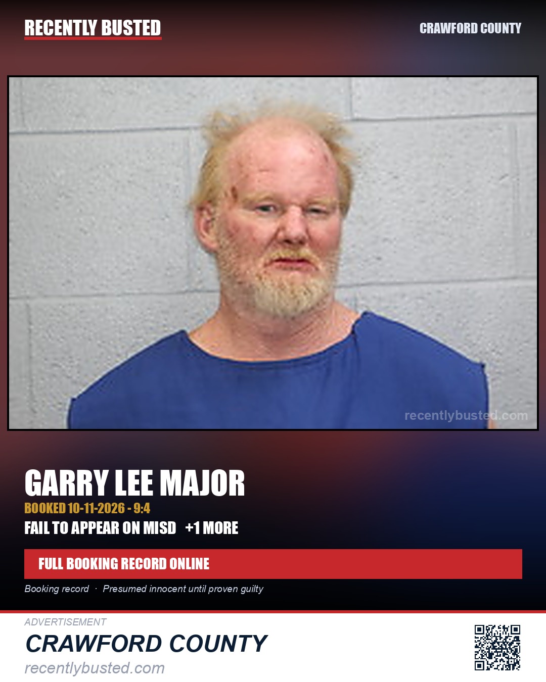 Major, Garry Lee — arrest record card, Crawford County