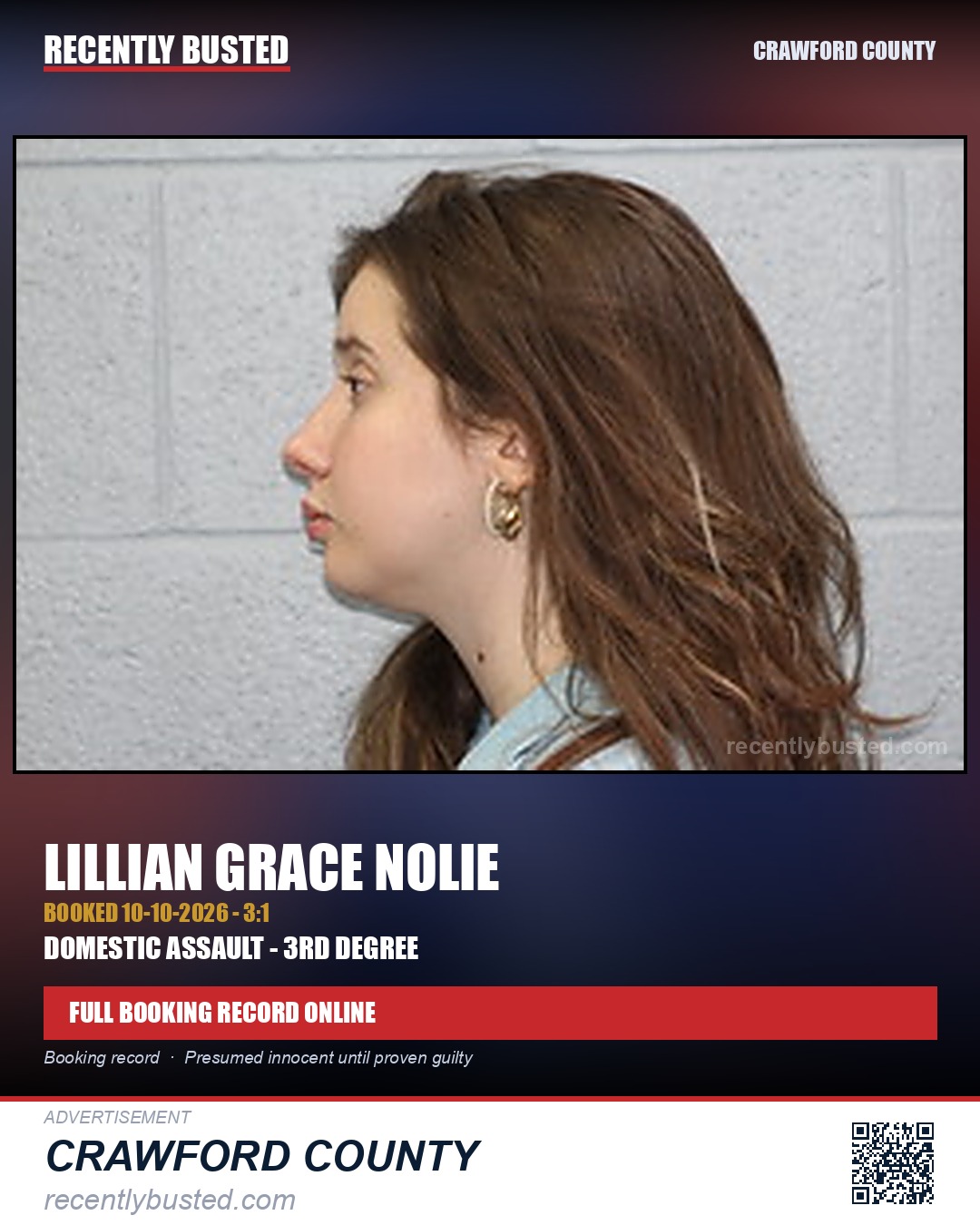 Nolie, Lillian Grace — arrest record card, Crawford County