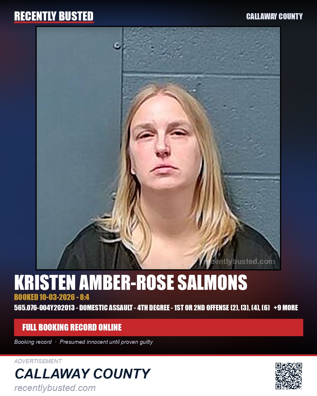 Salmons, Kristen Amber-Rose — arrest record card, Callaway County