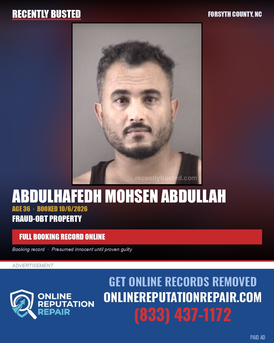 ABDULHAFEDH MOHSEN ABDULLAH — arrest record card, Forsyth County, North Carolina