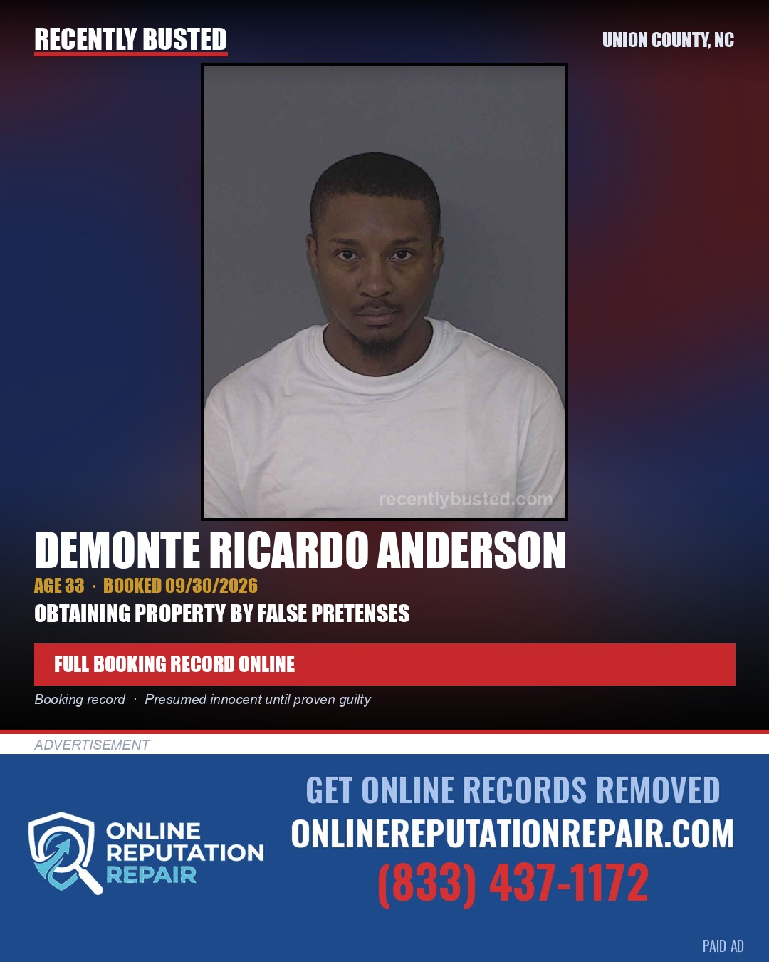 ANDERSON, DEMONTE RICARDO — arrest record card, Union County, North Carolina