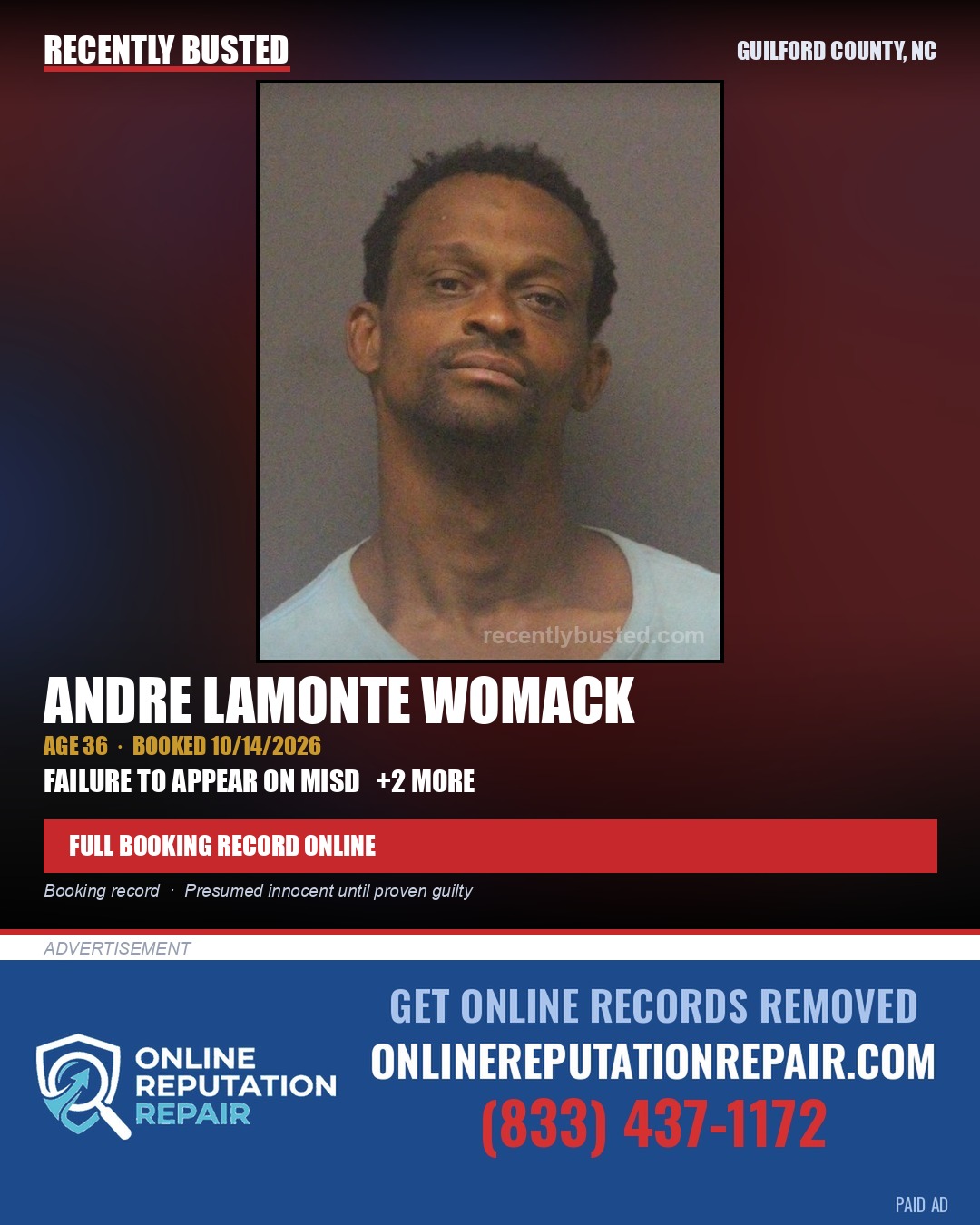 ANDRE LAMONTE WOMACK — arrest record card, Guilford County, North Carolina