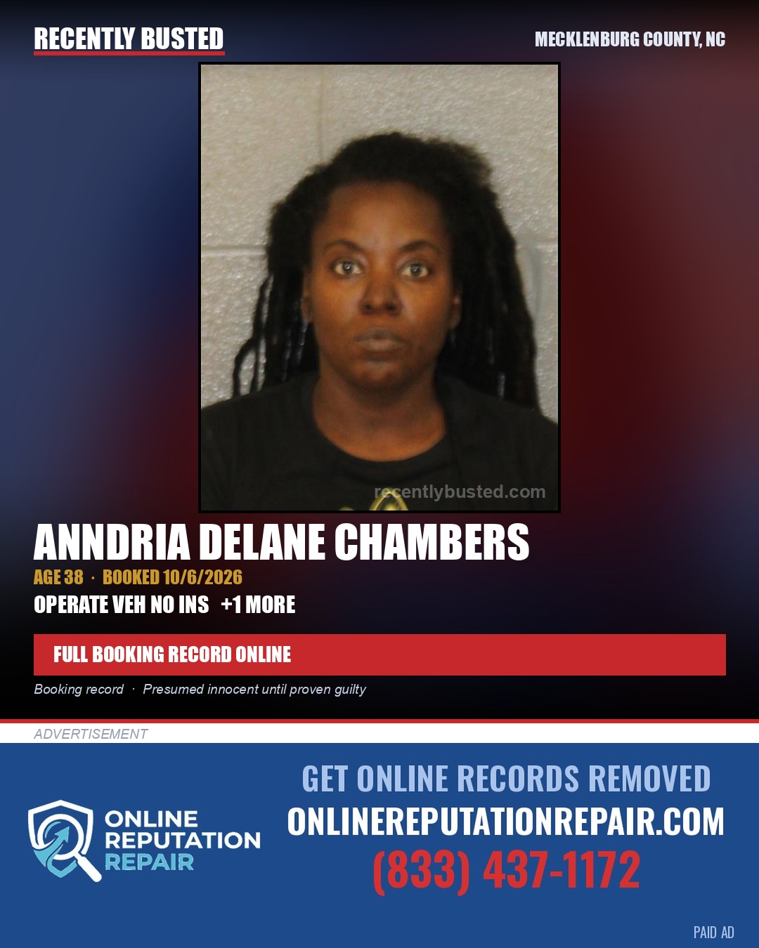 ANNDRIA DELANE CHAMBERS — arrest record card, Mecklenburg County, North Carolina