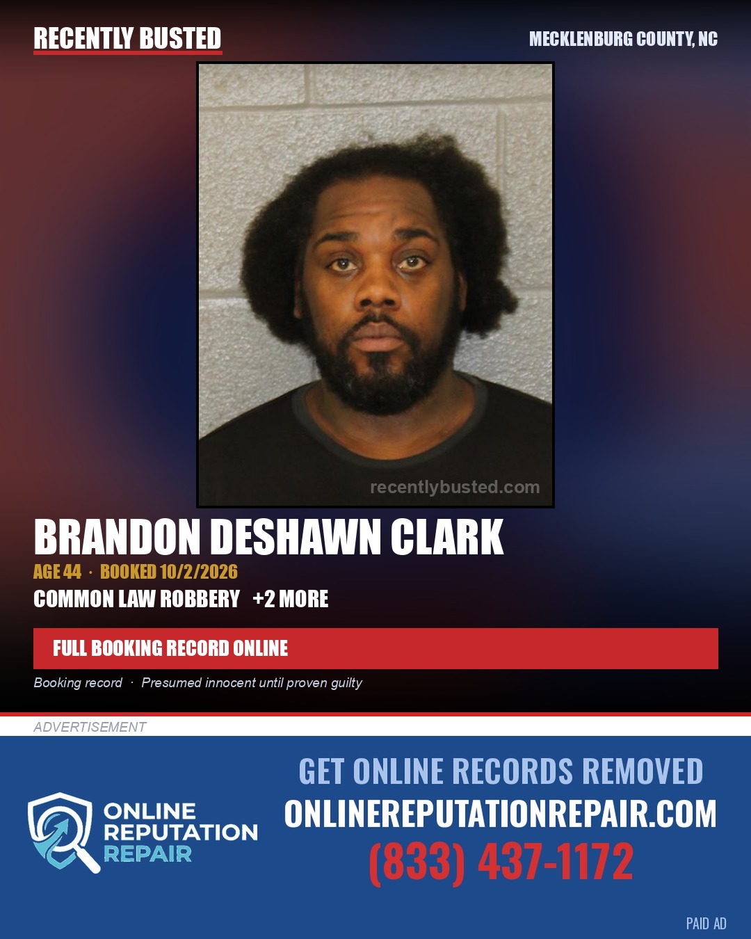 BRANDON DESHAWN CLARK — arrest record card, Mecklenburg County, North Carolina