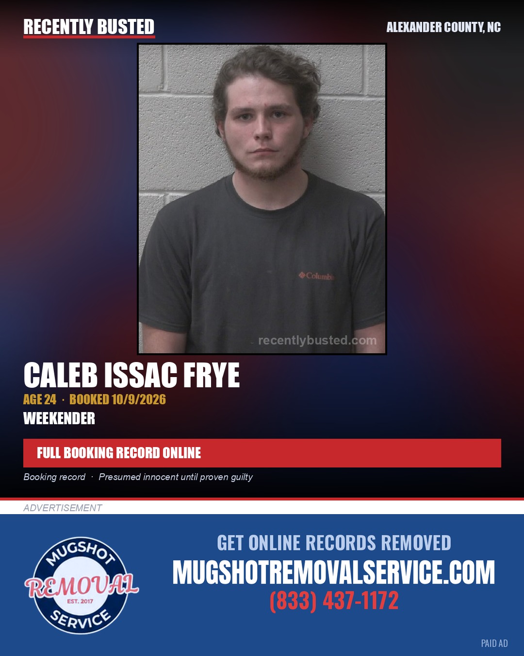 CALEB ISSAC FRYE — arrest record card, Alexander County, North Carolina