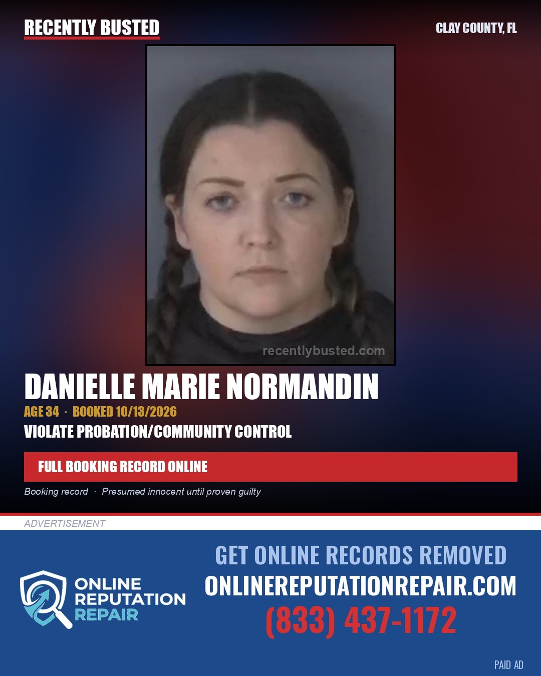 DANIELLE MARIE NORMANDIN — arrest record card, Clay County, Florida