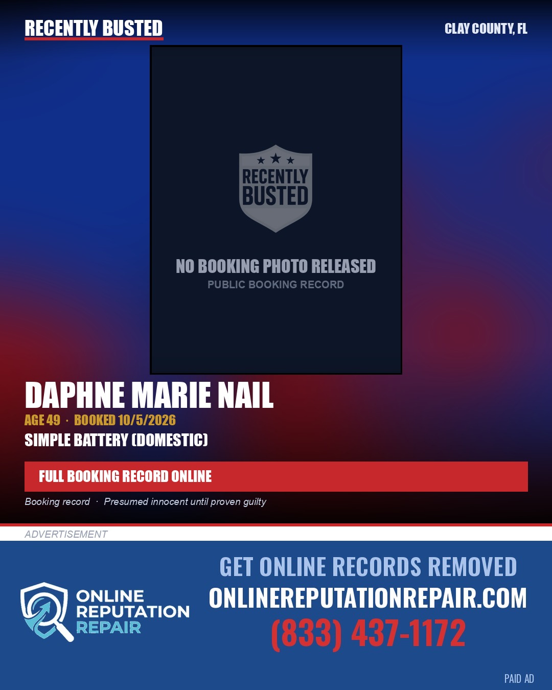 DAPHNE MARIE NAIL — arrest record card, Clay County, Florida