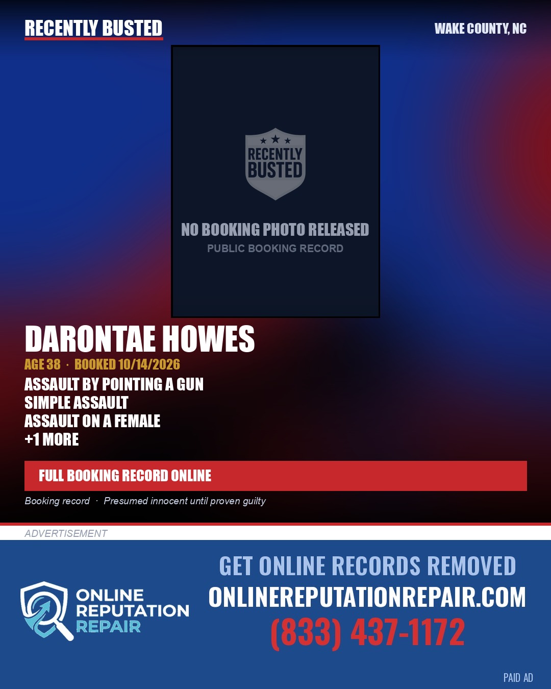 DARONTAE HOWES — arrest record card, Wake County, North Carolina