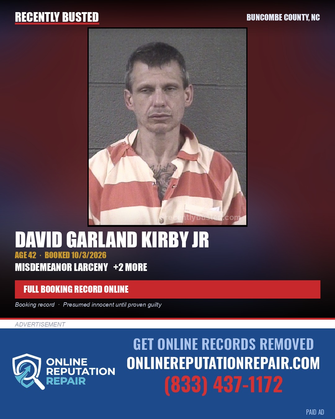 DAVID GARLAND KIRBY JR — arrest record card, Buncombe County, North Carolina