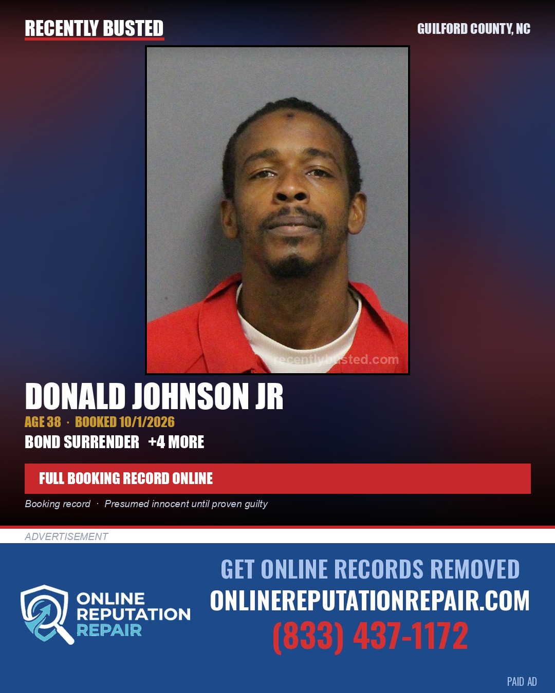 DONALD JOHNSON JR — arrest record card, Guilford County, North Carolina