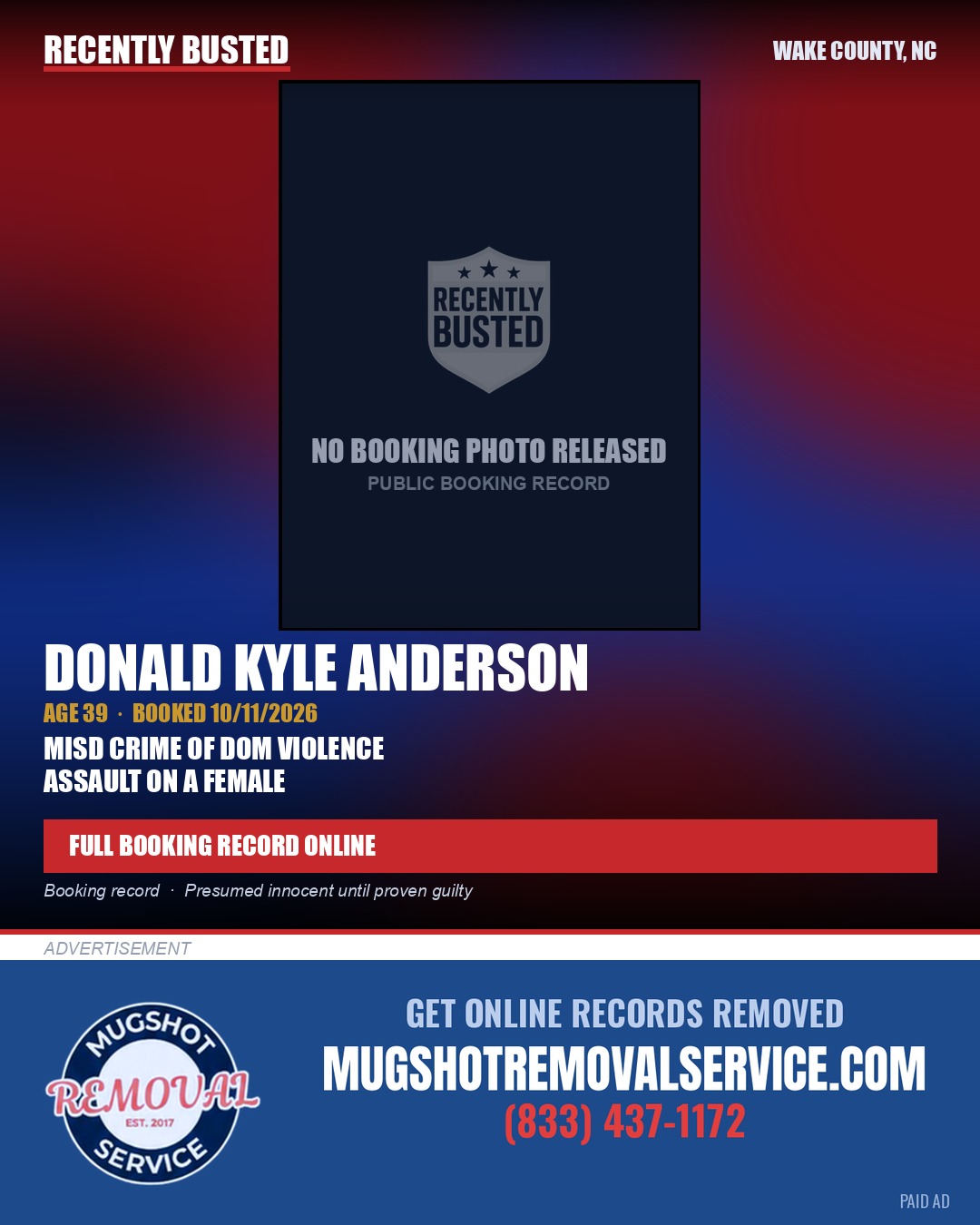 DONALD KYLE ANDERSON — arrest record card, Wake County, North Carolina