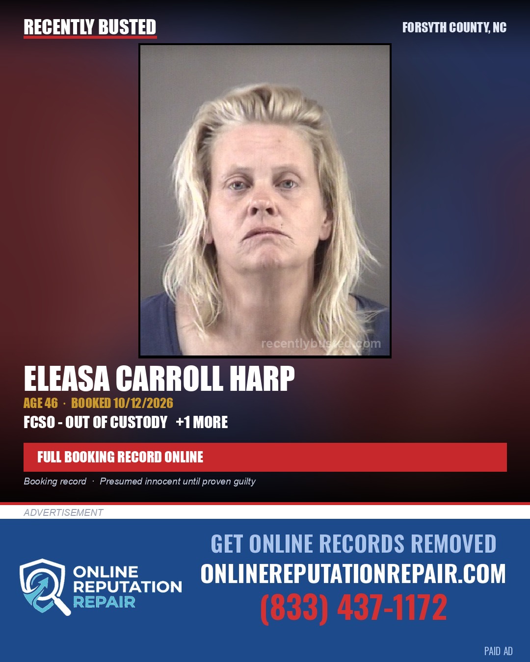 ELEASA CARROLL HARP — arrest record card, Forsyth County, North Carolina