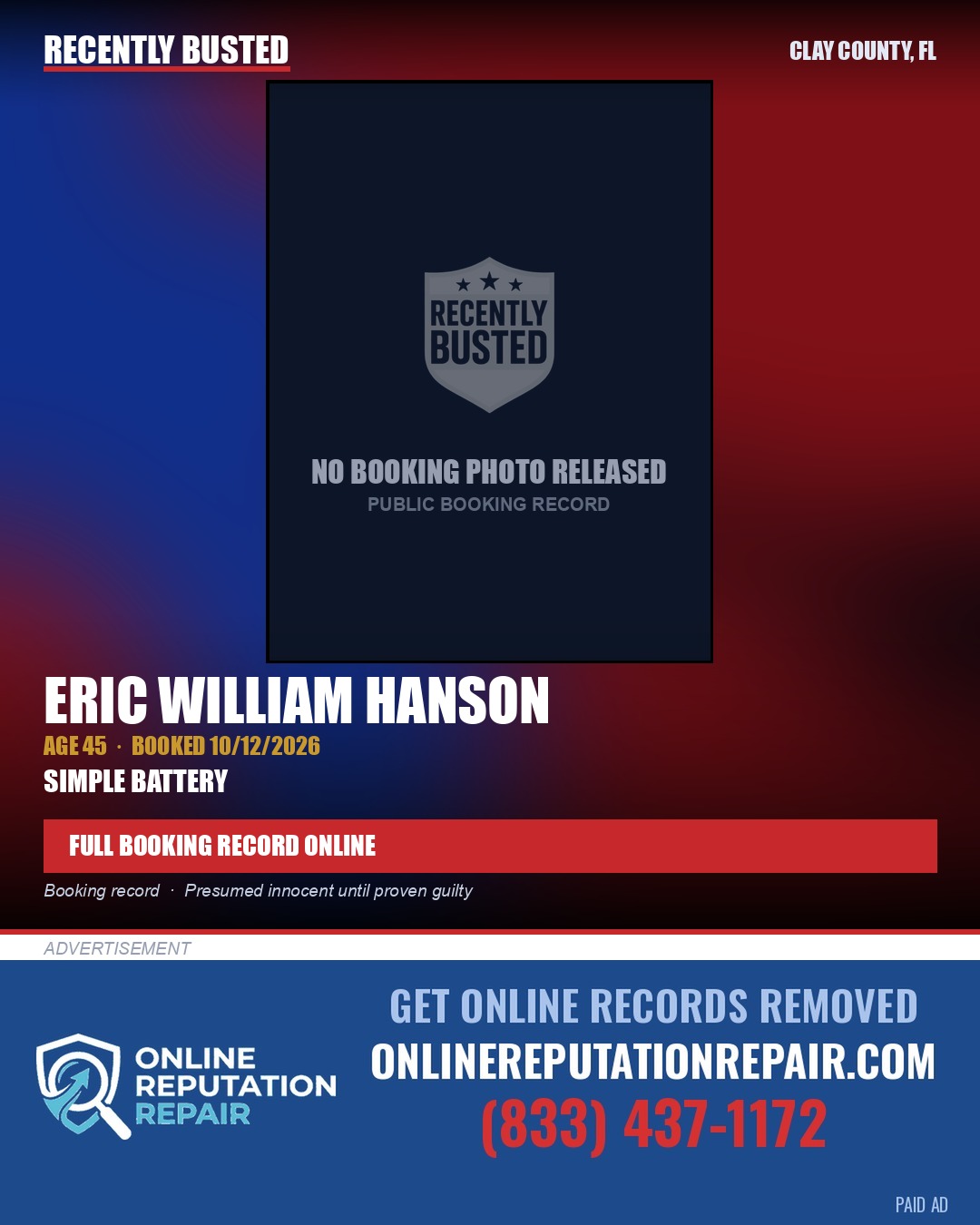 ERIC WILLIAM HANSON — arrest record card, Clay County, Florida