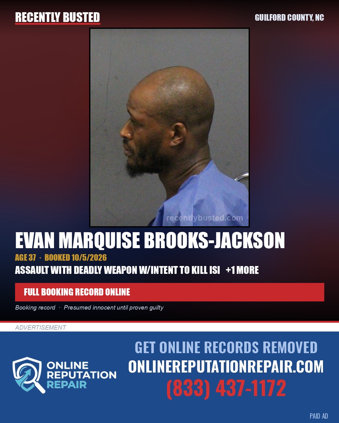 EVAN MARQUISE BROOKS-JACKSON — arrest record card, Guilford County, North Carolina