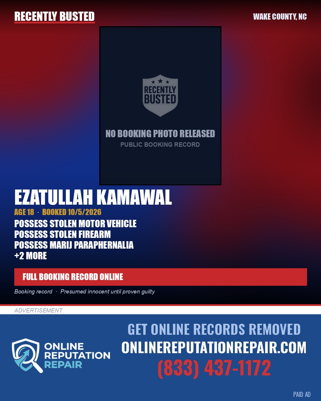 EZATULLAH KAMAWAL — arrest record card, Wake County, North Carolina