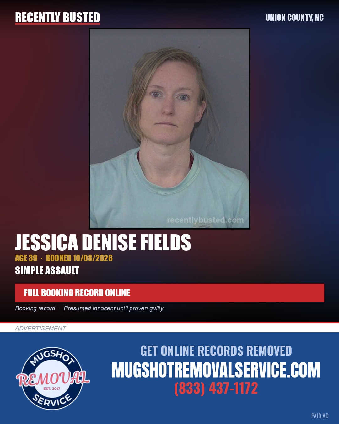 FIELDS, JESSICA DENISE — arrest record card, Union County, North Carolina