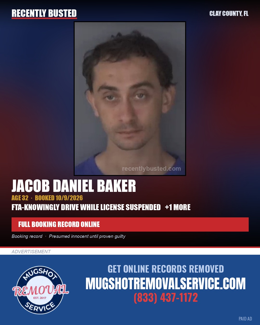 JACOB DANIEL BAKER — arrest record card, Clay County, Florida
