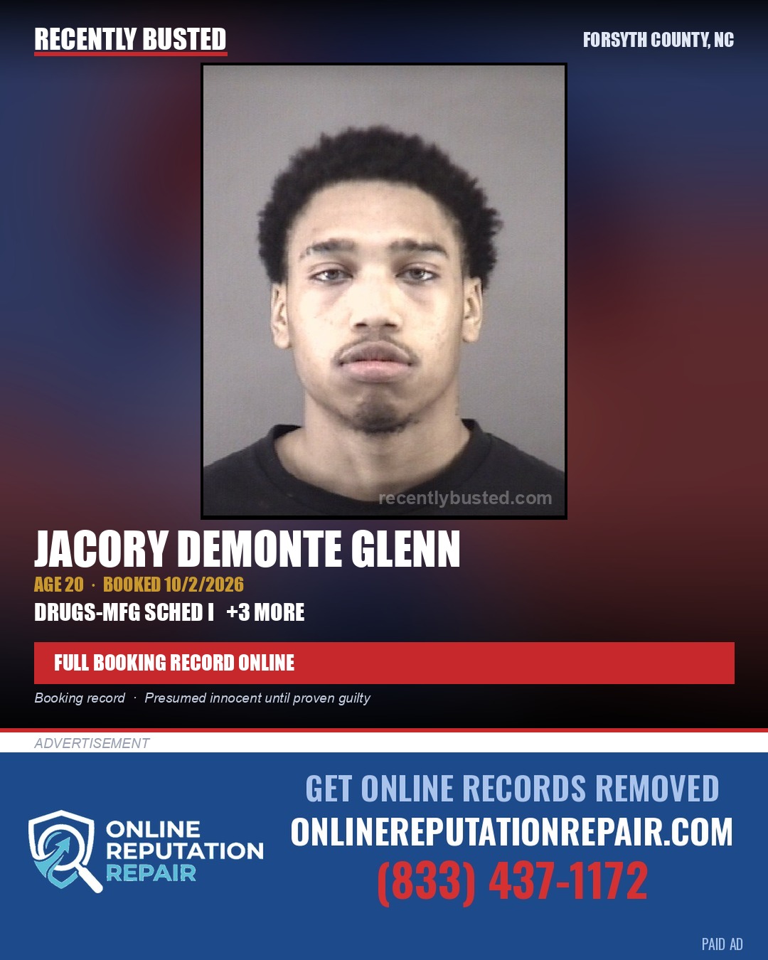 JACORY DEMONTE GLENN — arrest record card, Forsyth County, North Carolina