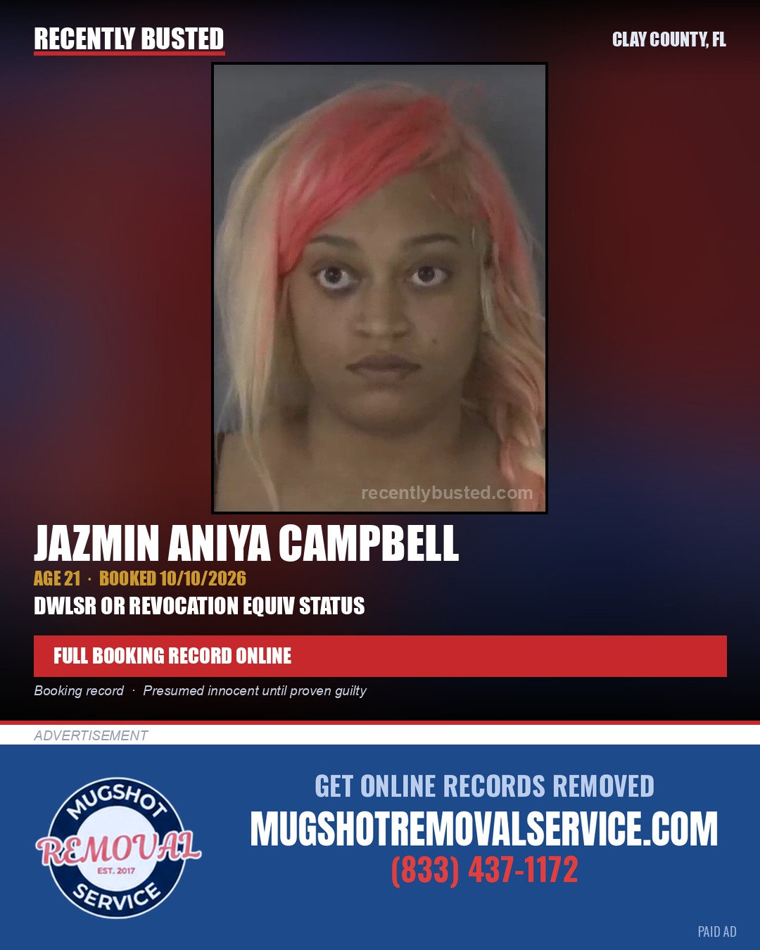 JAZMIN ANIYA CAMPBELL — arrest record card, Clay County, Florida