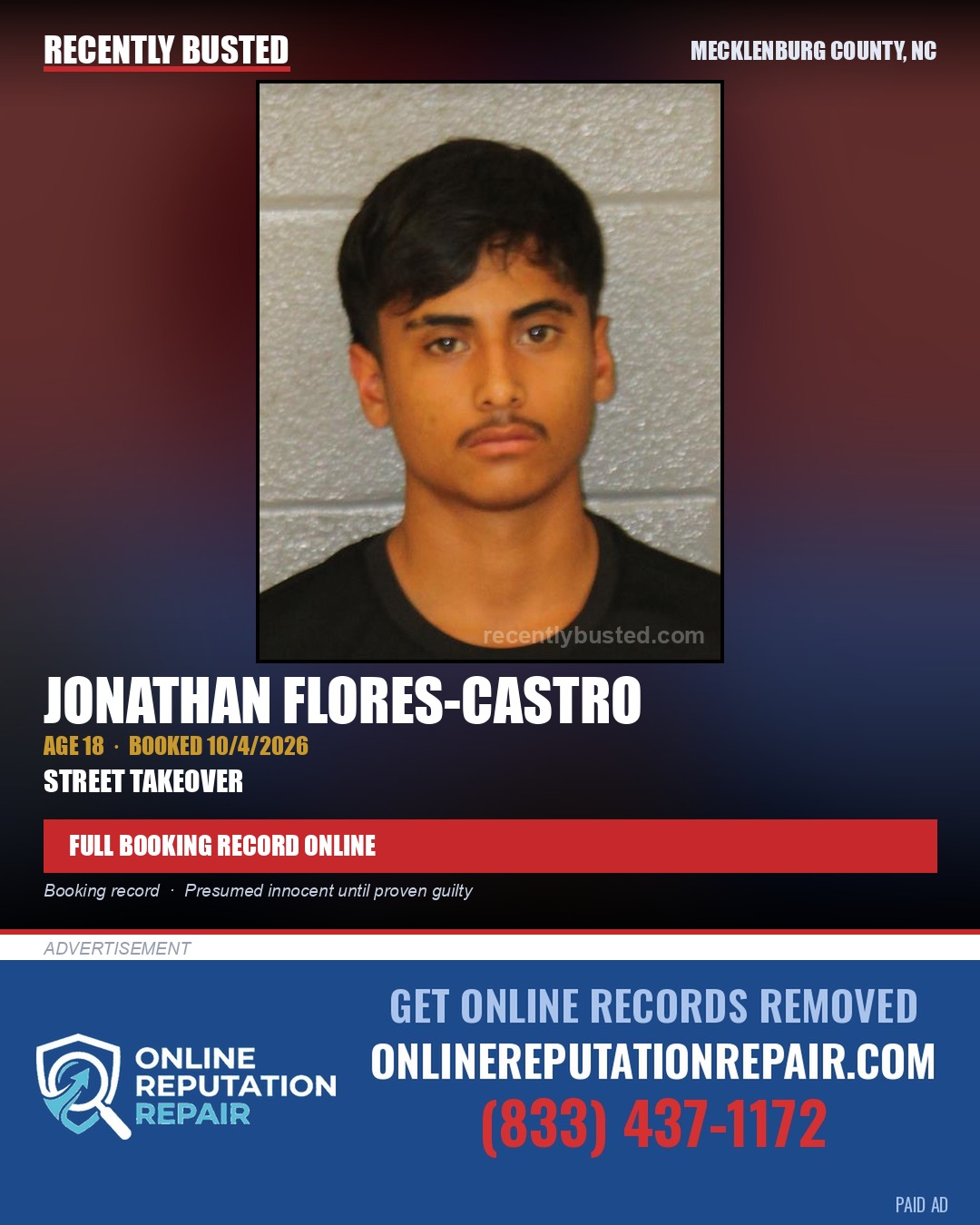 JONATHAN FLORES-CASTRO — arrest record card, Mecklenburg County, North Carolina