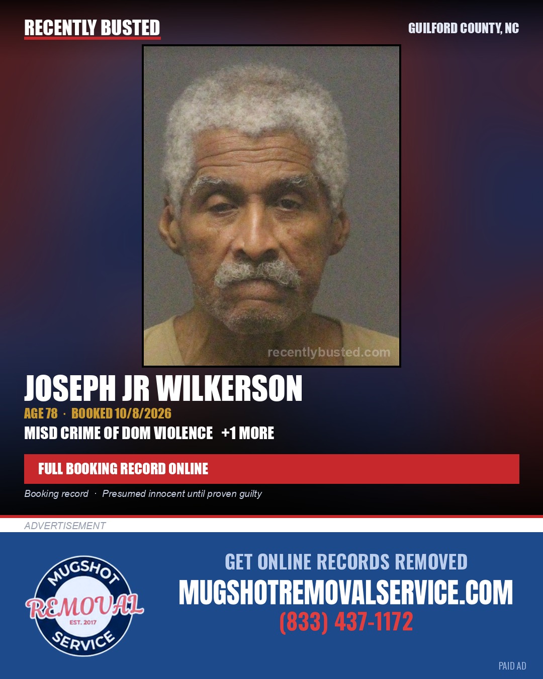 JOSEPH JR WILKERSON — arrest record card, Guilford County, North Carolina