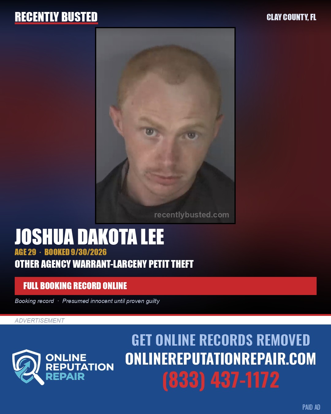JOSHUA DAKOTA LEE — arrest record card, Clay County, Florida