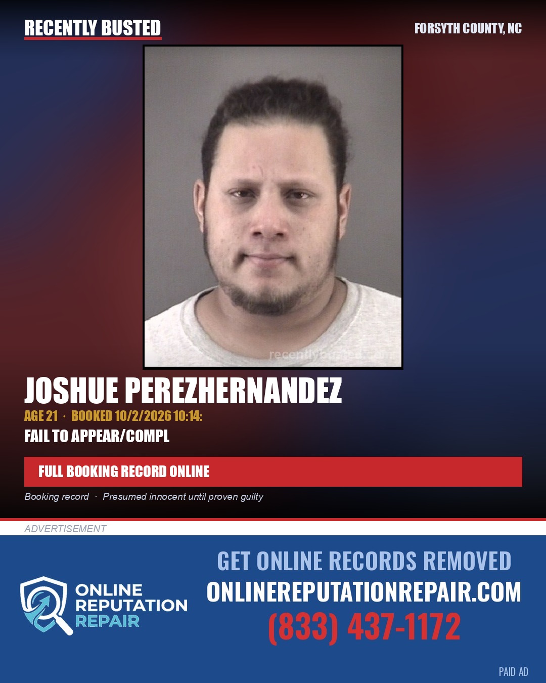 JOSHUE PEREZHERNANDEZ — arrest record card, Forsyth County, North Carolina