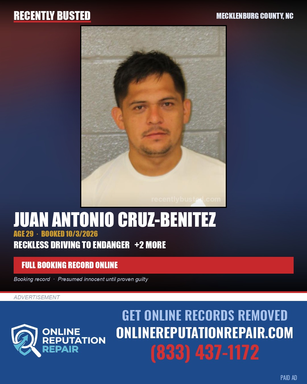 JUAN ANTONIO CRUZ-BENITEZ — arrest record card, Mecklenburg County, North Carolina