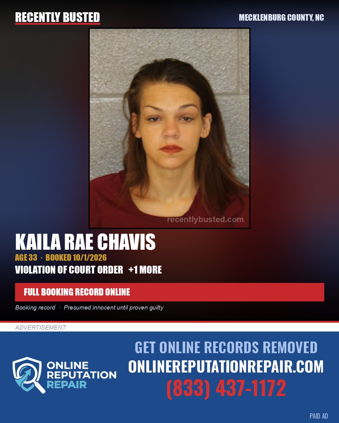 KAILA RAE CHAVIS — arrest record card, Mecklenburg County, North Carolina