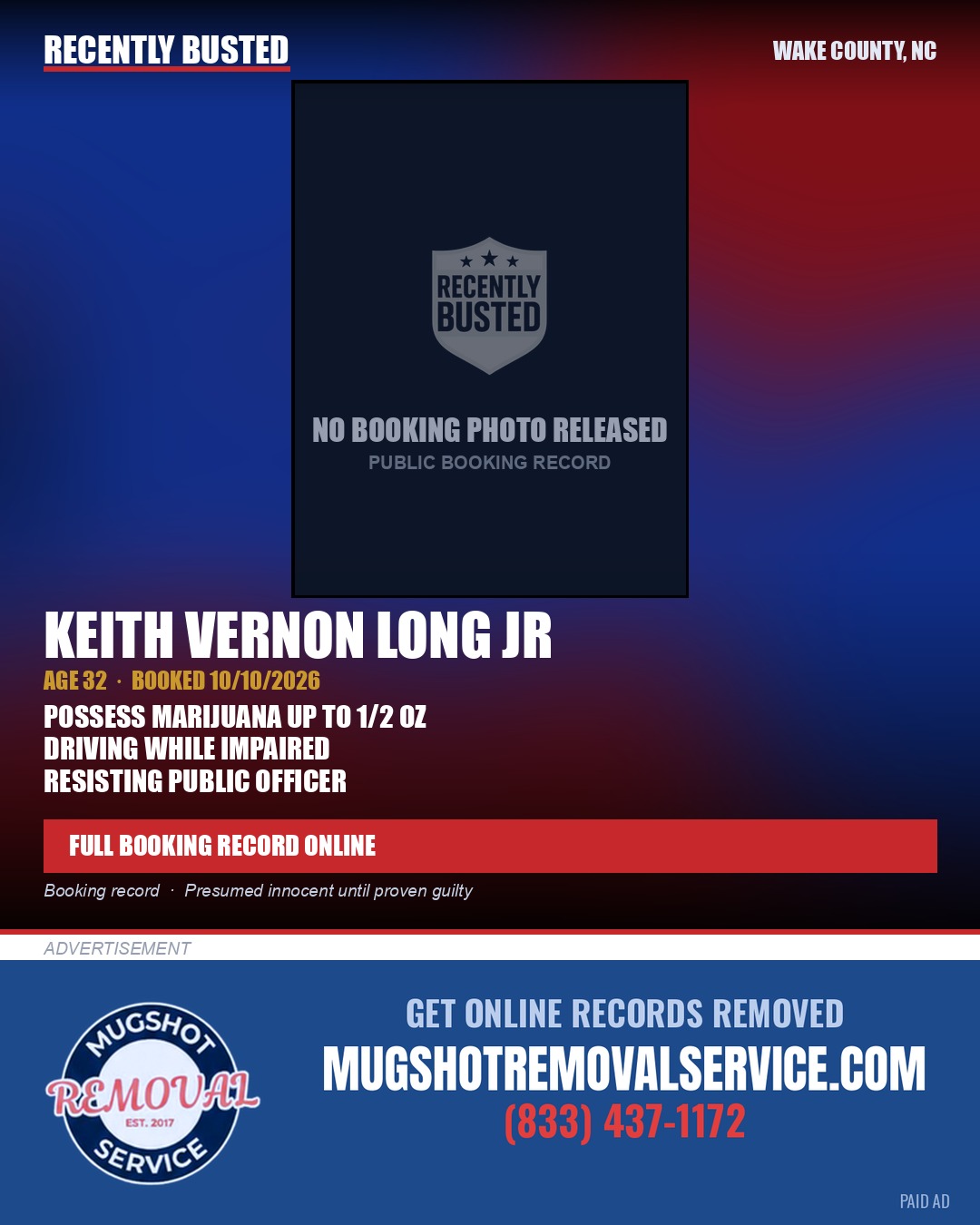 KEITH VERNON LONG JR — arrest record card, Wake County, North Carolina