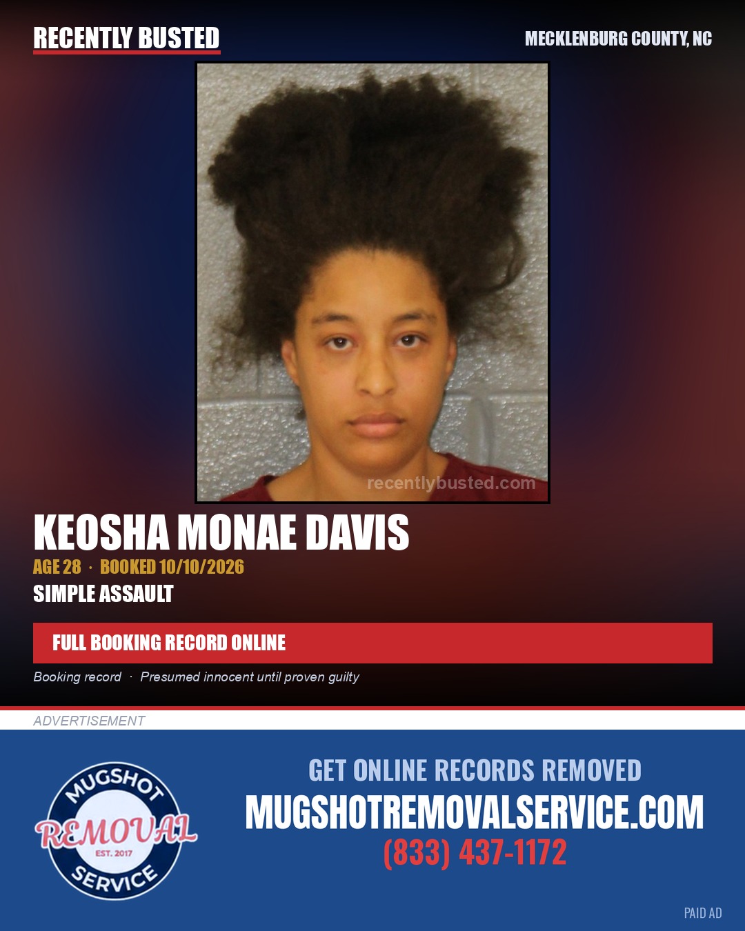 KEOSHA MONAE DAVIS — arrest record card, Mecklenburg County, North Carolina
