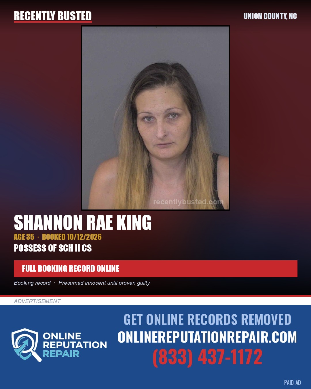 KING, SHANNON RAE — arrest record card, Union County, North Carolina