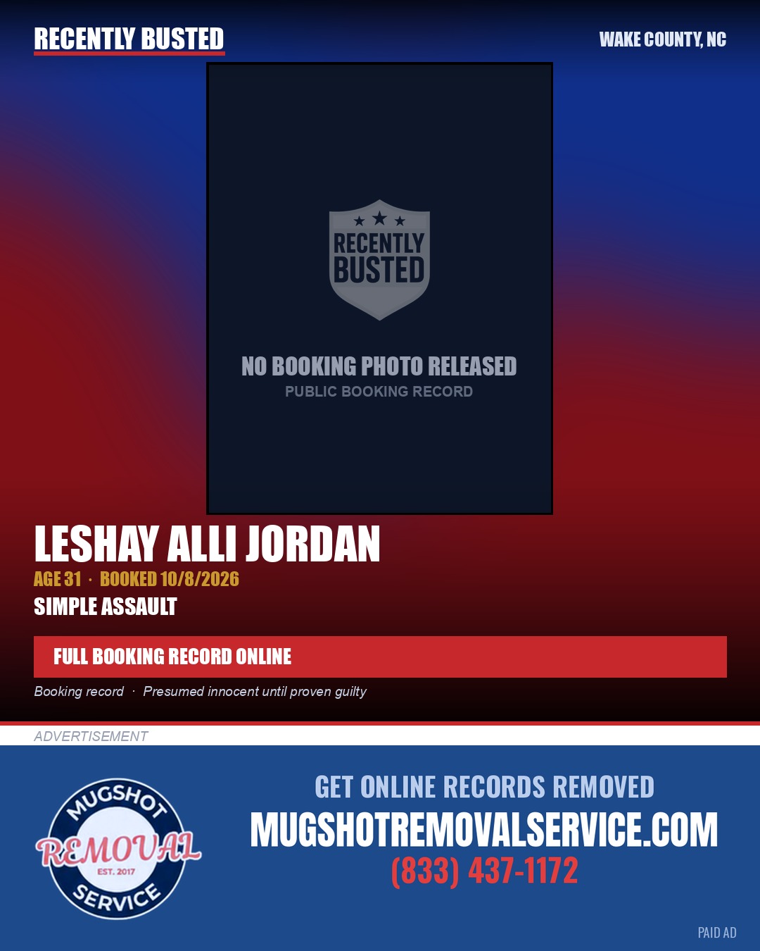 LESHAY ALLI JORDAN — arrest record card, Wake County, North Carolina