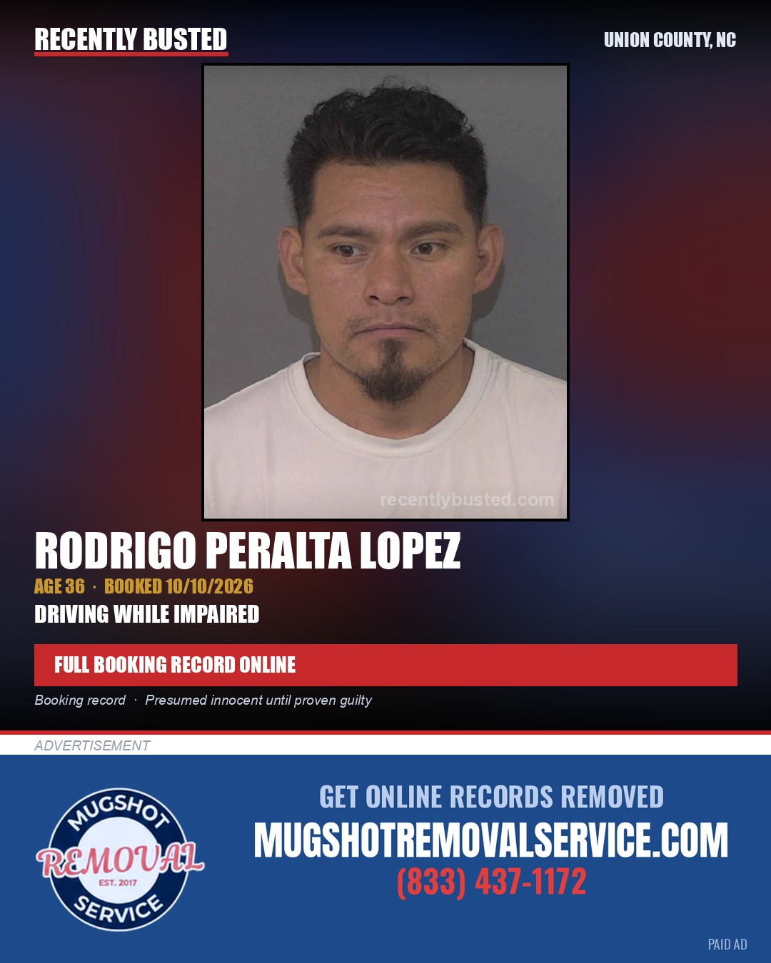 LOPEZ, RODRIGO PERALTA — arrest record card, Union County, North Carolina