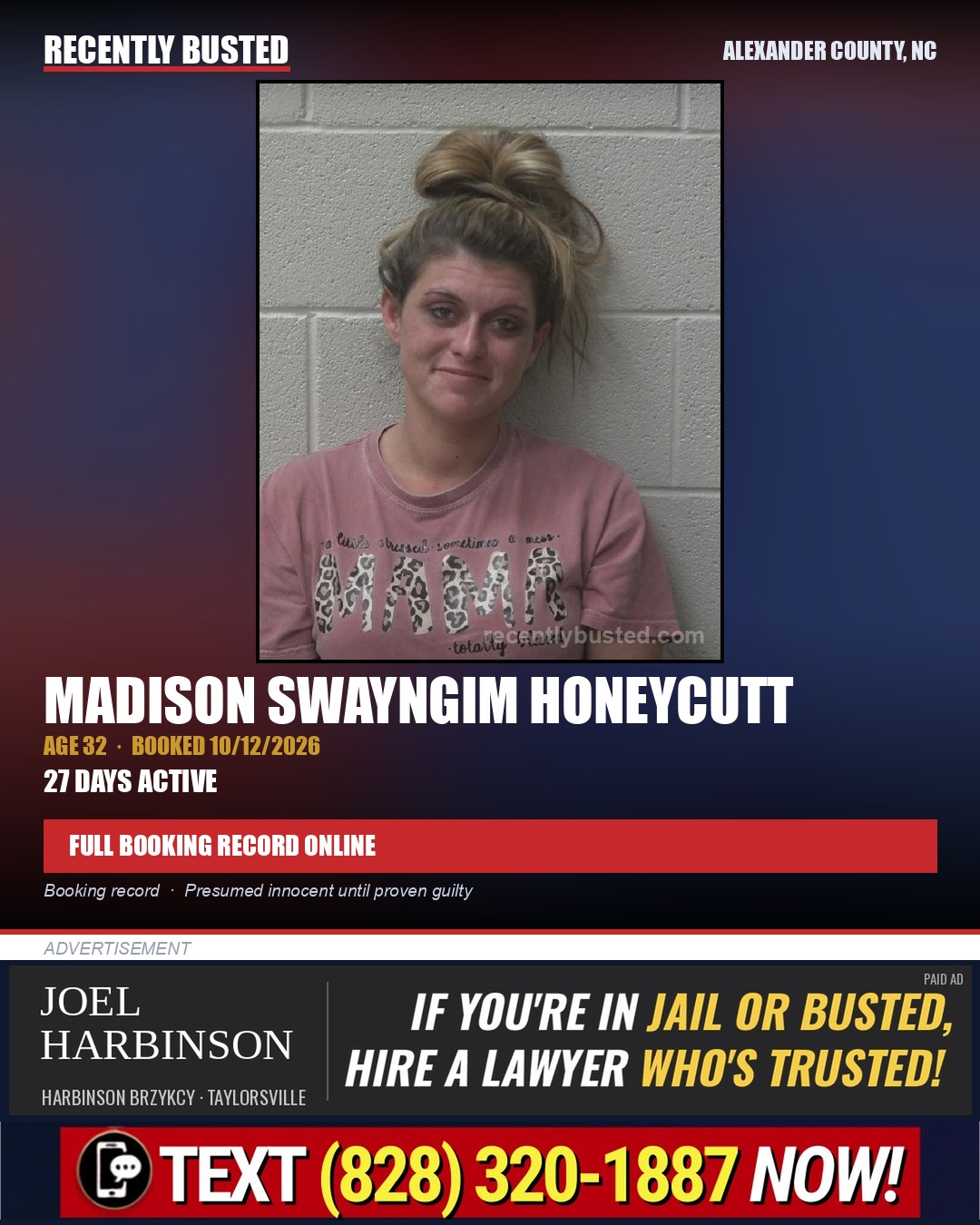 MADISON SWAYNGIM HONEYCUTT — arrest record card, Alexander County, North Carolina