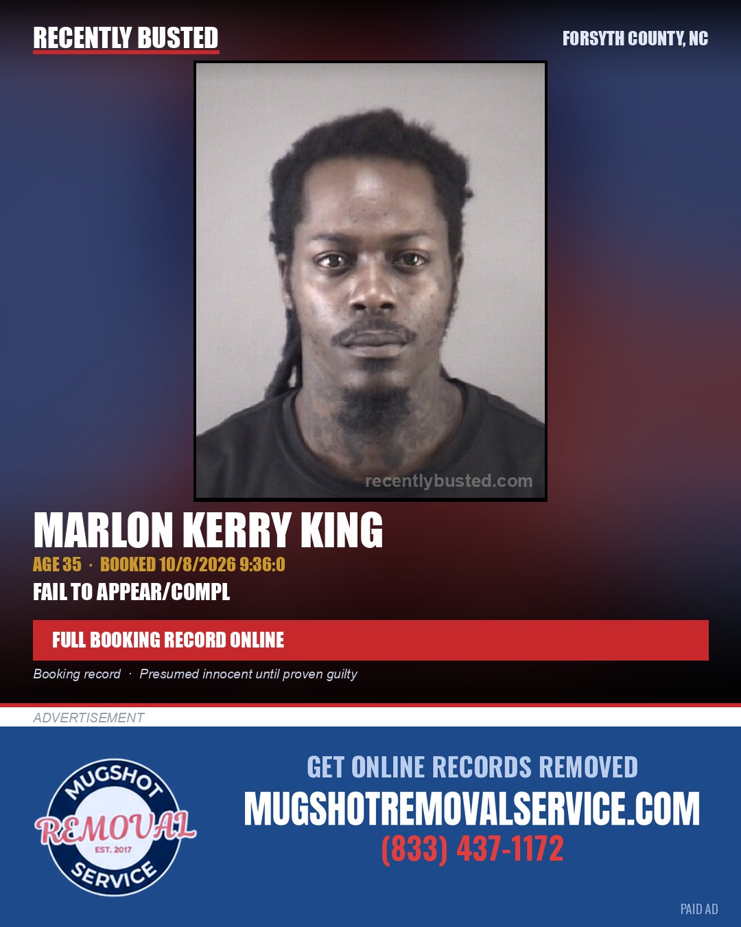 MARLON KERRY KING — arrest record card, Forsyth County, North Carolina