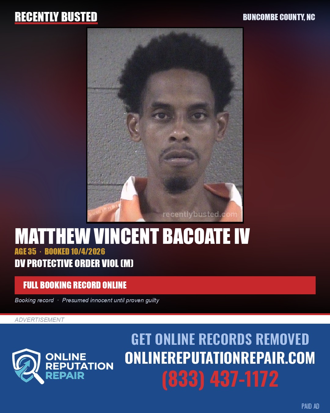MATTHEW VINCENT BACOATE IV — arrest record card, Buncombe County, North Carolina