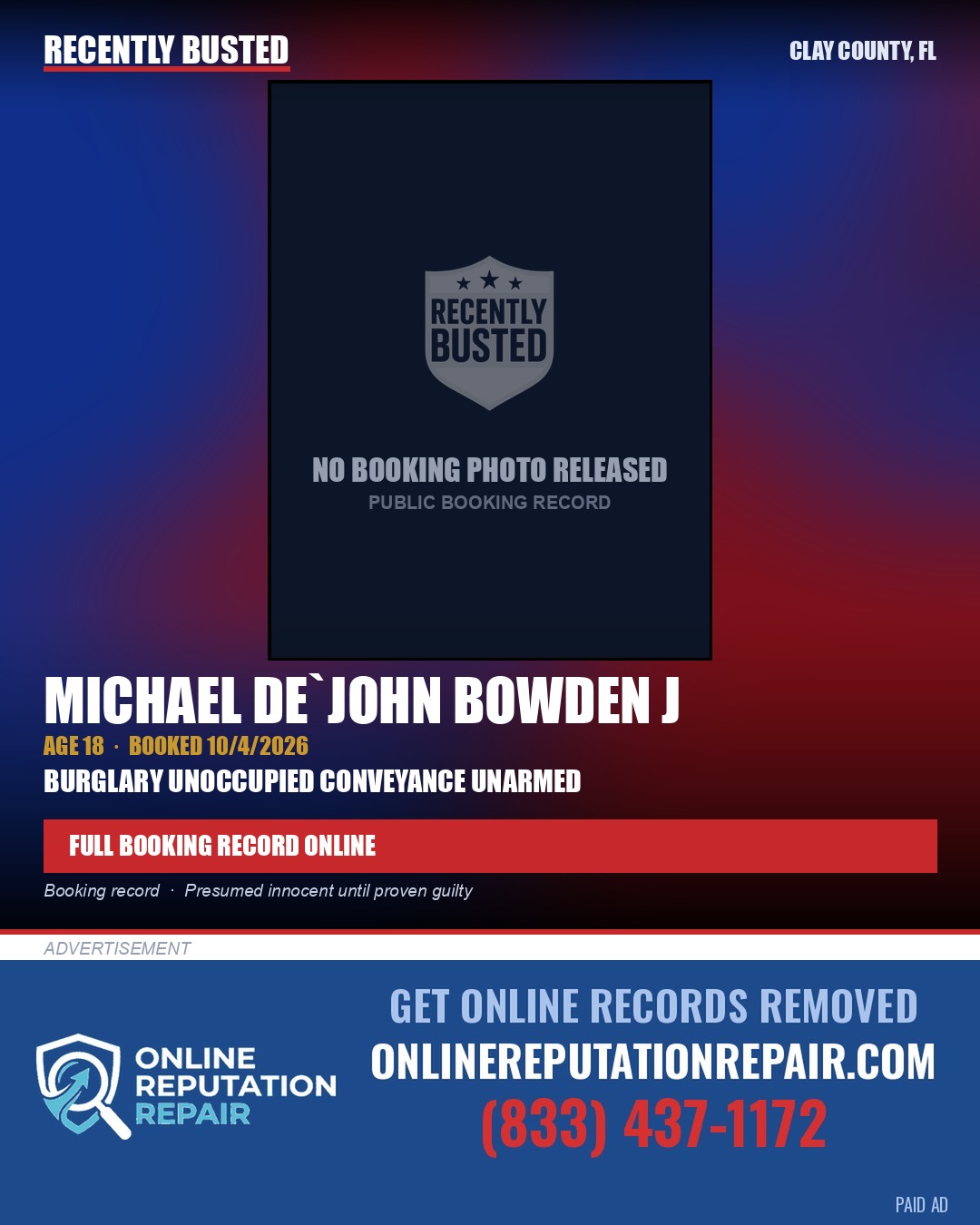 MICHAEL DE`JOHN BOWDEN J — arrest record card, Clay County, Florida