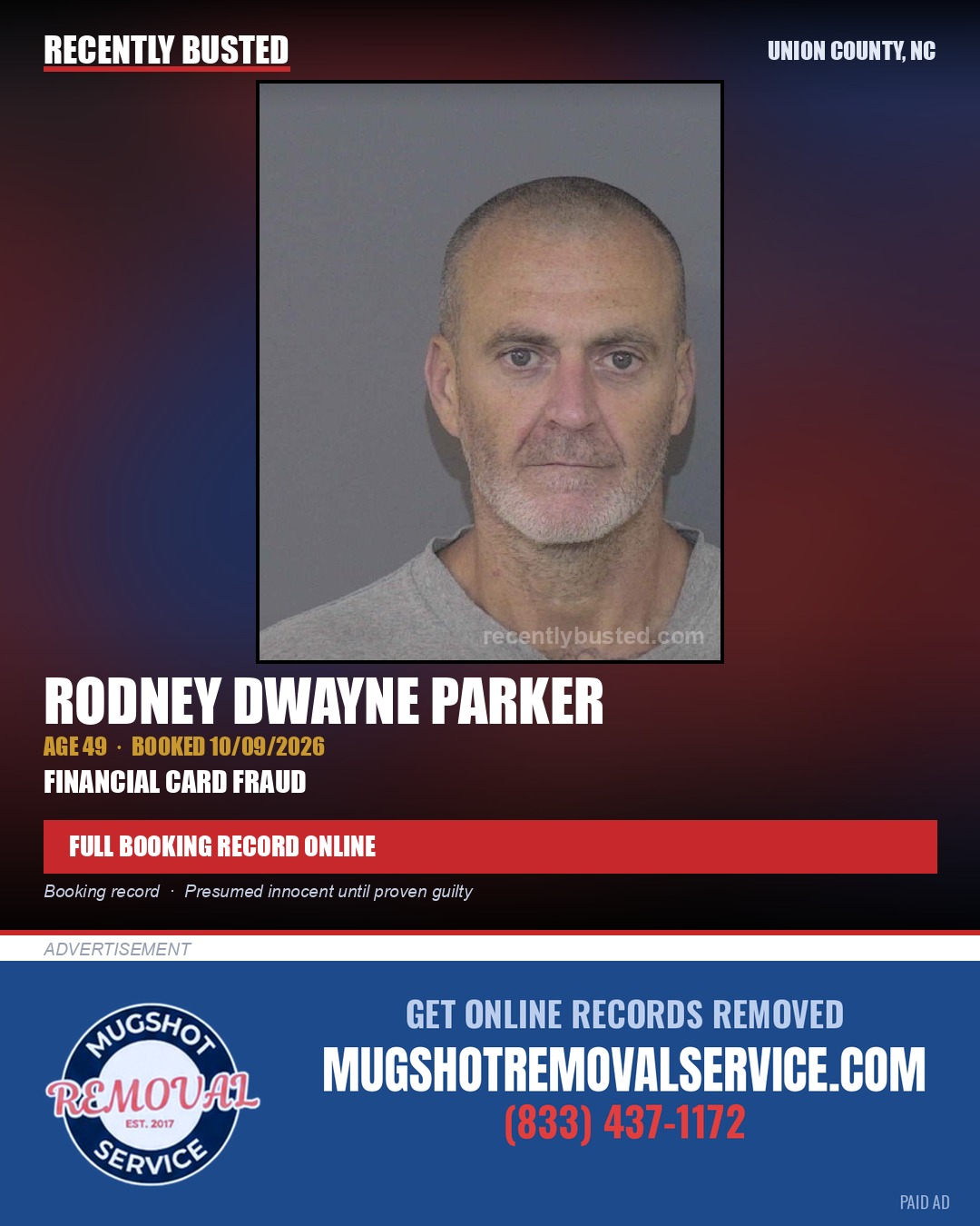 PARKER, RODNEY DWAYNE — arrest record card, Union County, North Carolina
