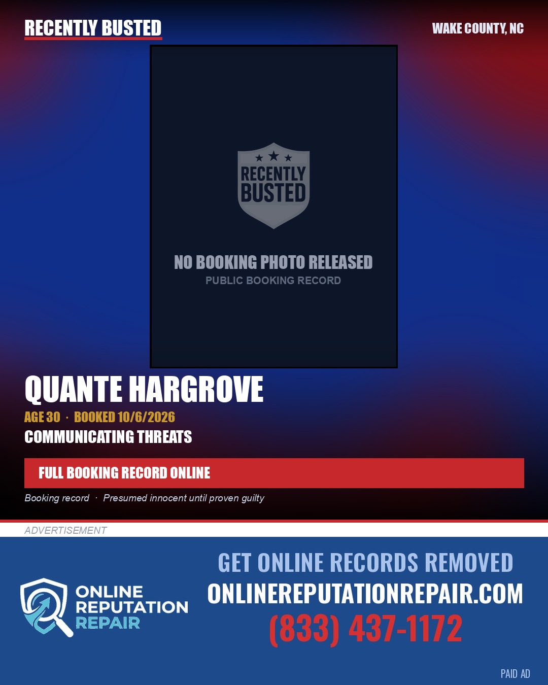 QUANTE HARGROVE — arrest record card, Wake County, North Carolina