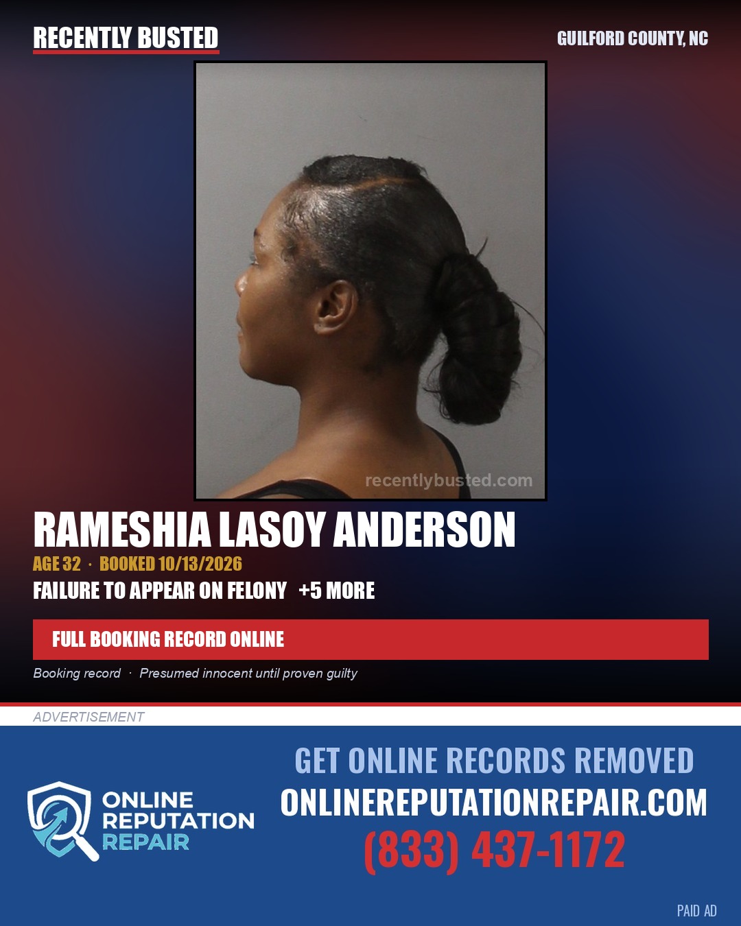 RAMESHIA LASOY ANDERSON — arrest record card, Guilford County, North Carolina