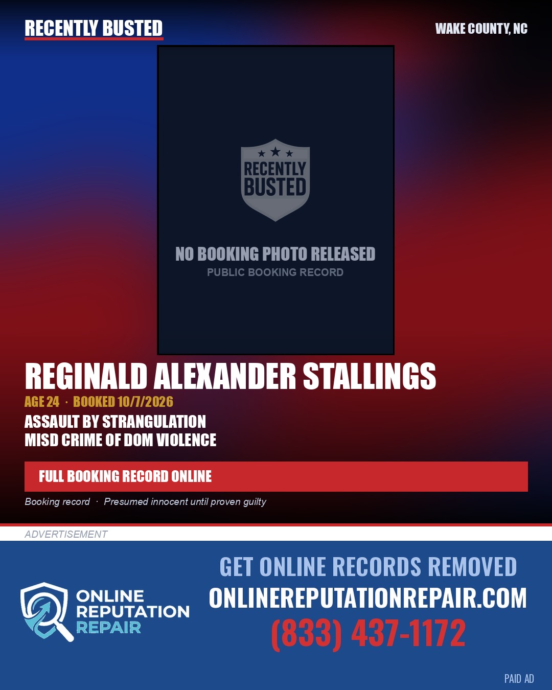 REGINALD ALEXANDER STALLINGS — arrest record card, Wake County, North Carolina
