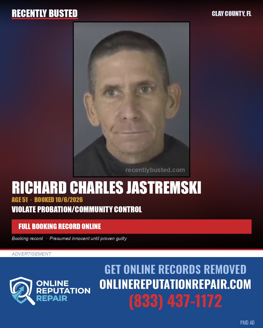 RICHARD CHARLES JASTREMSKI — arrest record card, Clay County, Florida