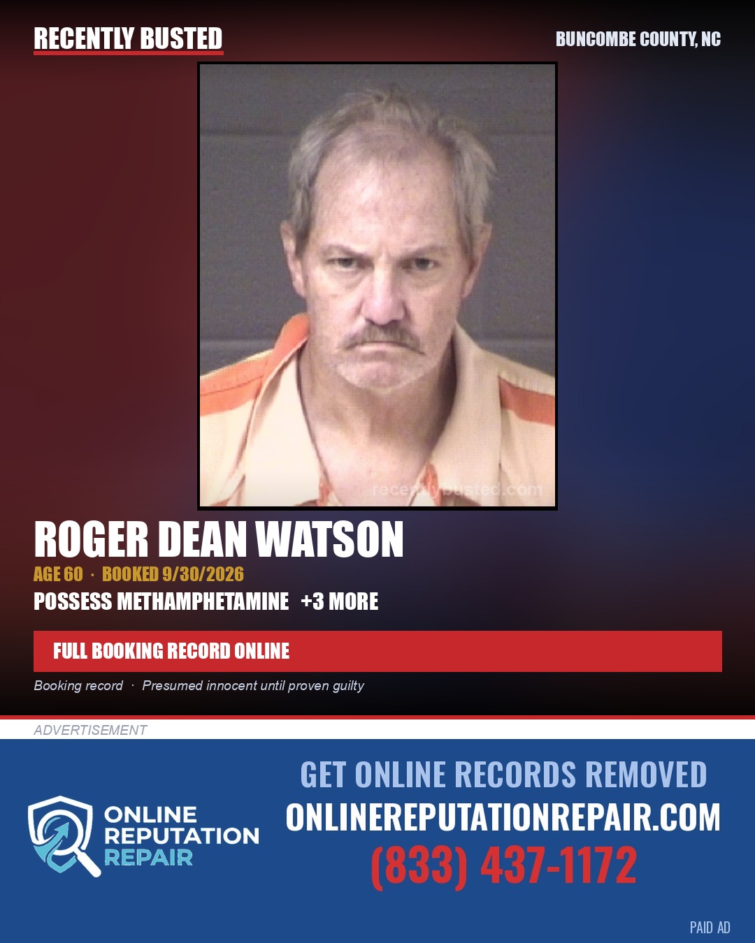 ROGER DEAN WATSON — arrest record card, Buncombe County, North Carolina